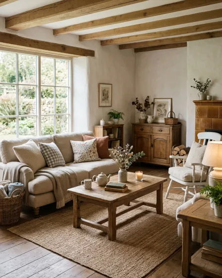 Wohnstil Landhaus: Gemütliches Wohnzimmer mit warmen Holztönen – Entdecke Möbel im Landhausstil.