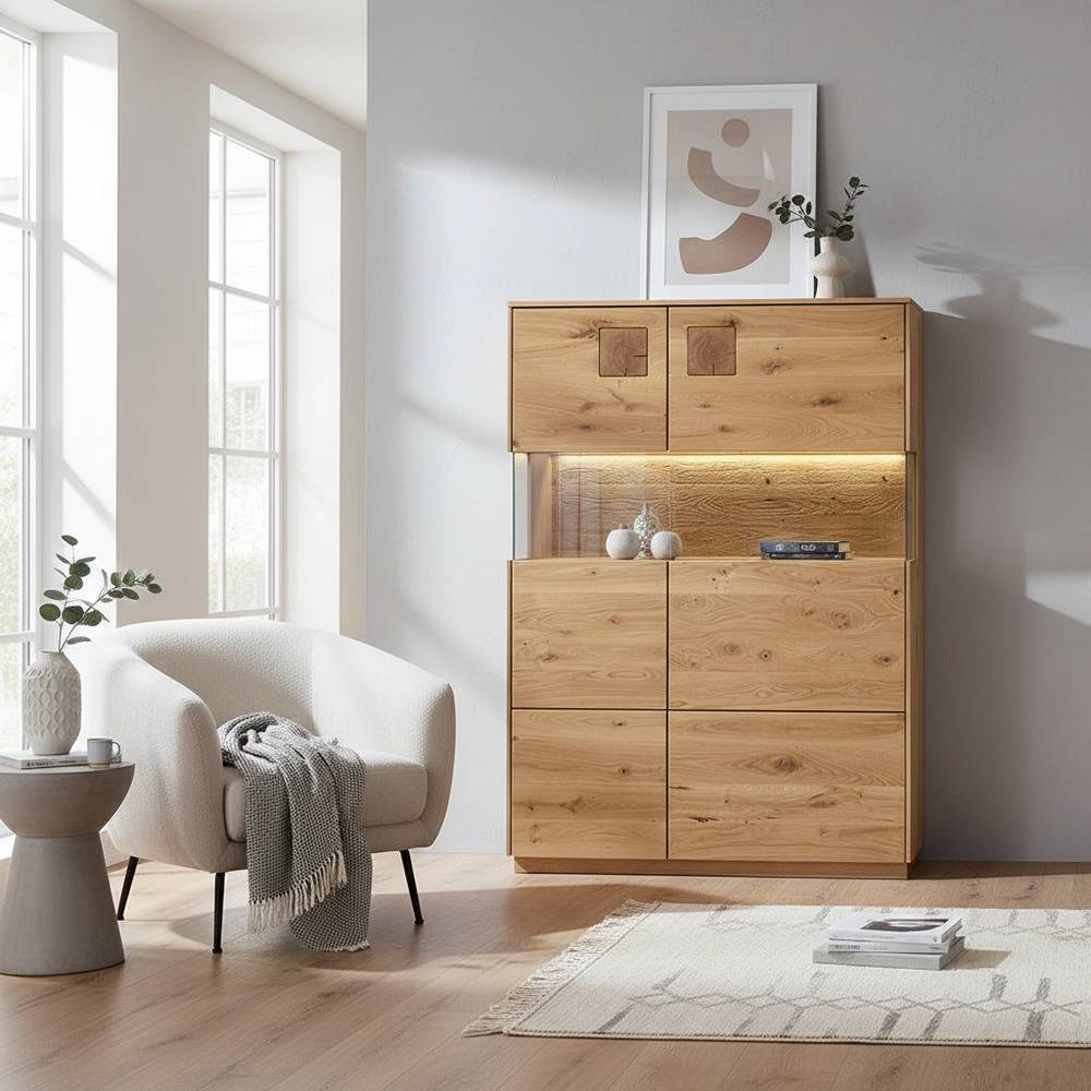 Vitrinen Highboard Onitos aus Wildeiche Massivholz 145 cm hoch