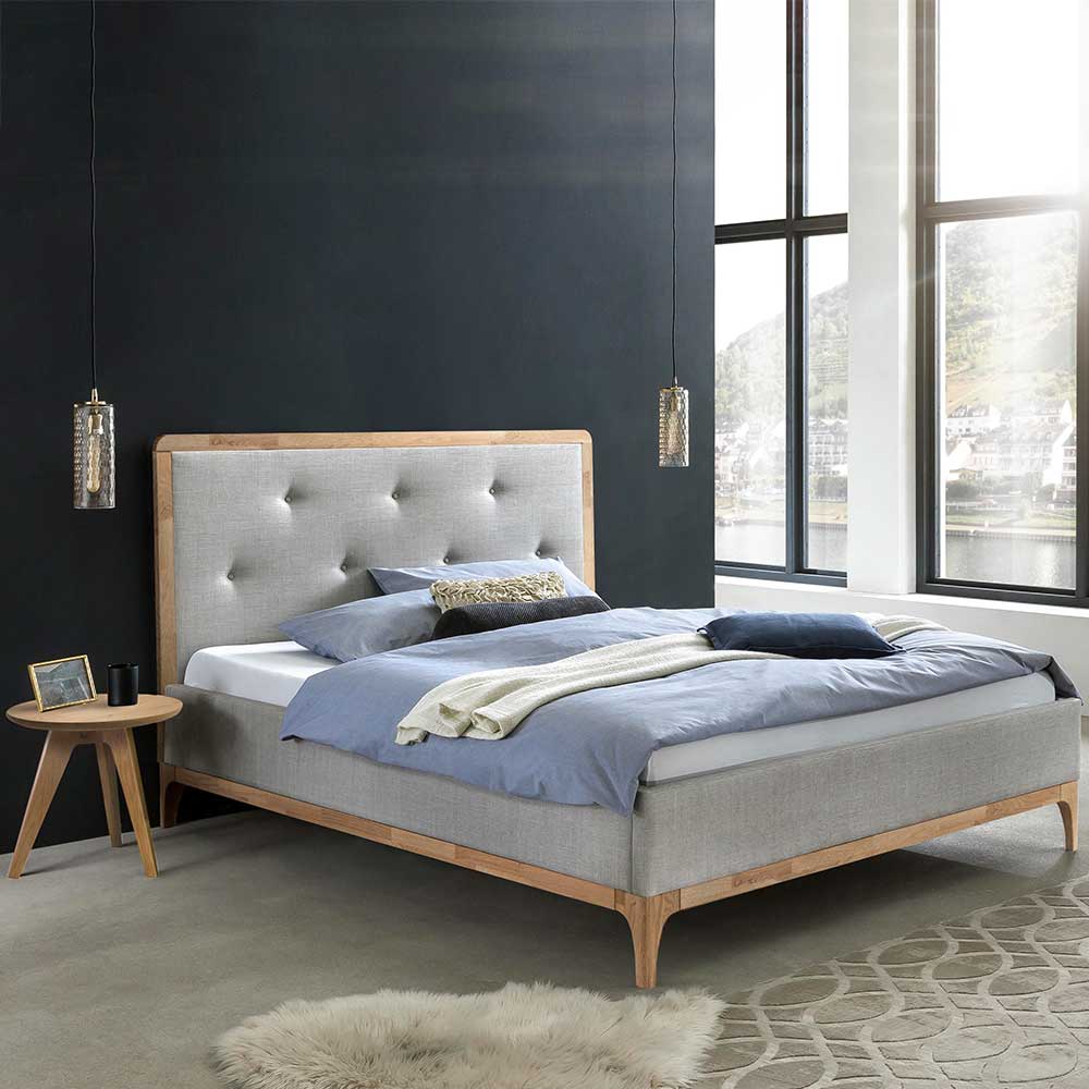 Polster Bett 140x200 cm Ruberta in Grau und Eiche Bianco mit Steppungen