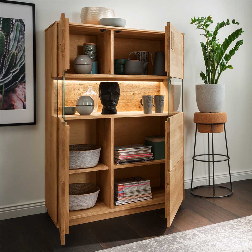 Vitrinen Highboard Onitos aus Wildeiche Massivholz 145 cm hoch