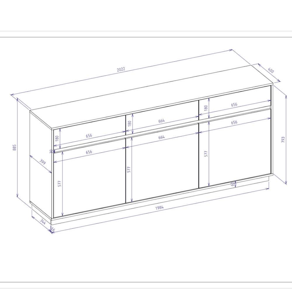 Sideboard Ikba mit drei Schubladen und Drehtüren
