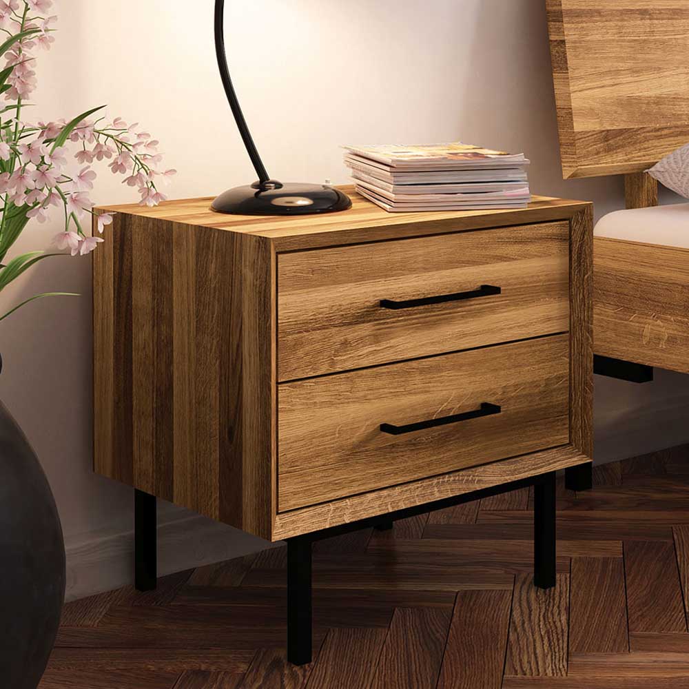 Wildeiche Holzbett Yalley im Skandi Design mit Gestell aus Metall
