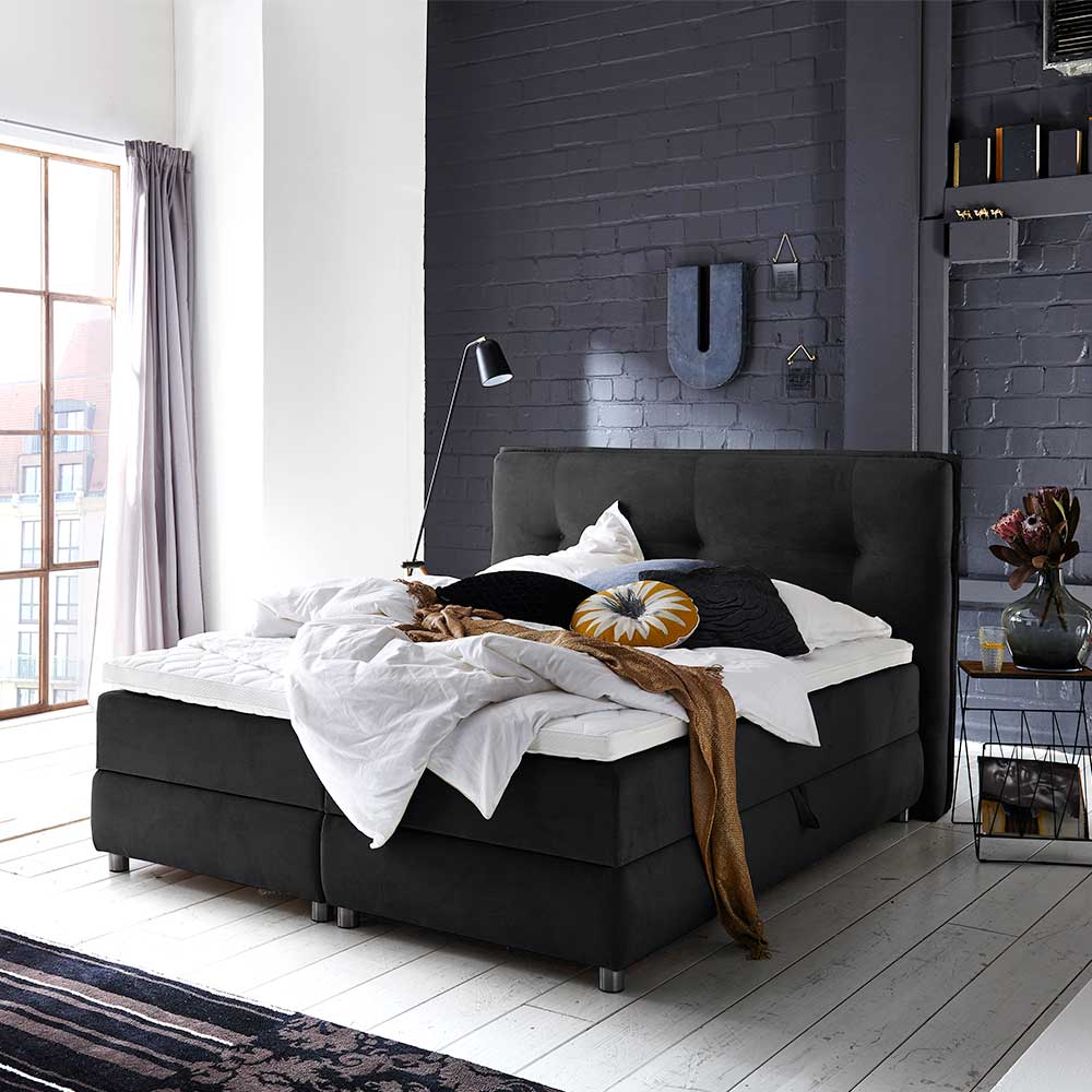 Boxspringbett Vindo in Schwarz Webstoff mit Stauraum