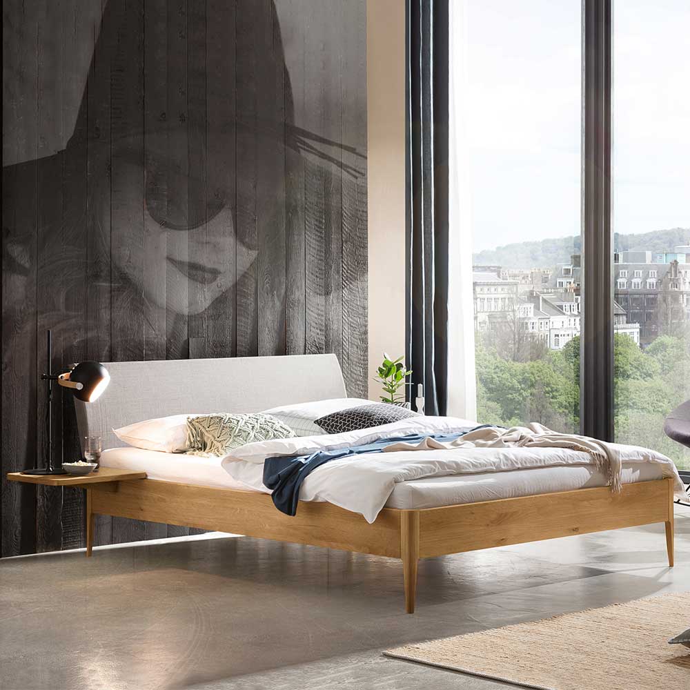 140x200 Bett Wildeiche Broziano mit Polsterkopfteil in Grau