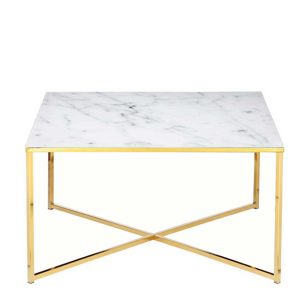 Retro Glasstisch Contraston in Weiß und Goldfarben quadratisch