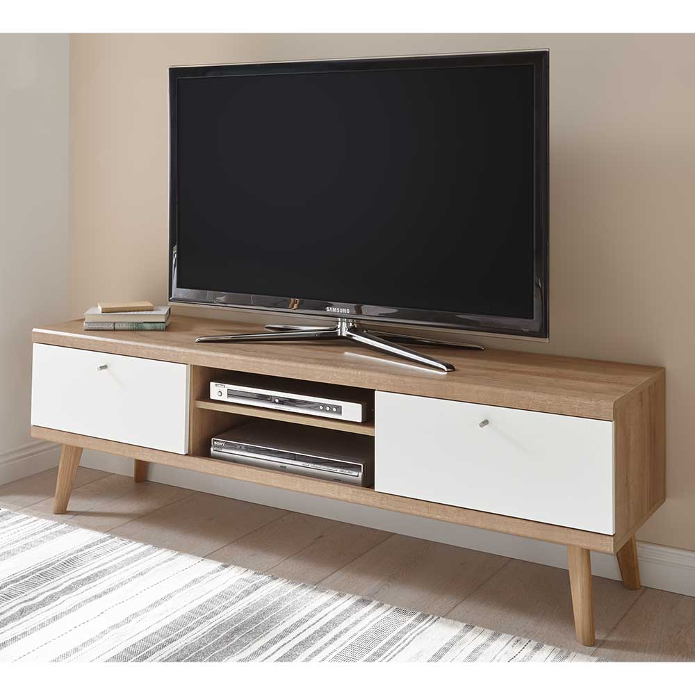 TV Lowboard Levanca in Weiß und Eichefarben mit Klappen