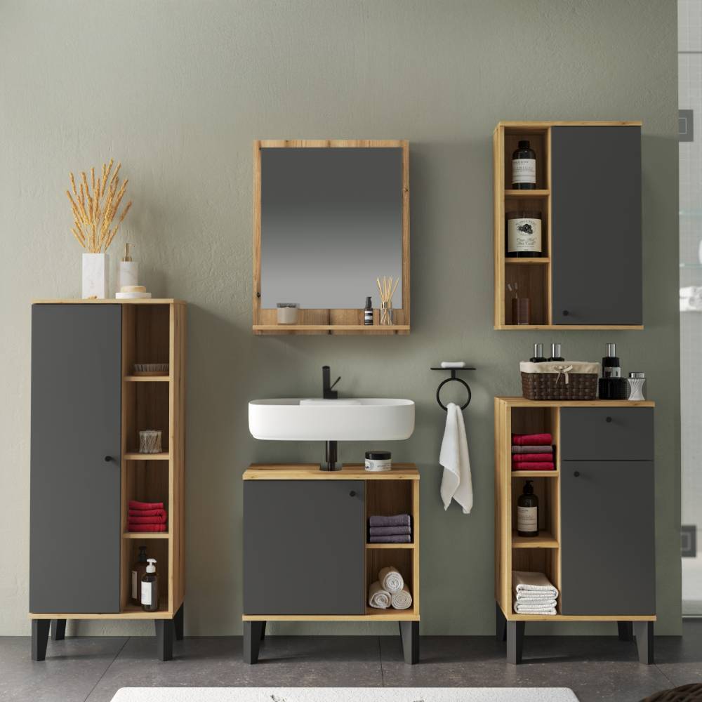 Badmöbel Set modern Pattinos in Wildeichefarben und Grau (fünfteilig)