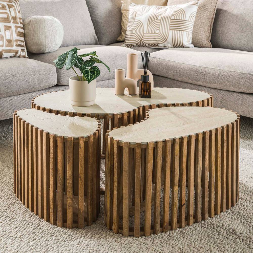Couchtisch Nongo in organischer Form aus Mangobaum Massivholz (dreiteilig)