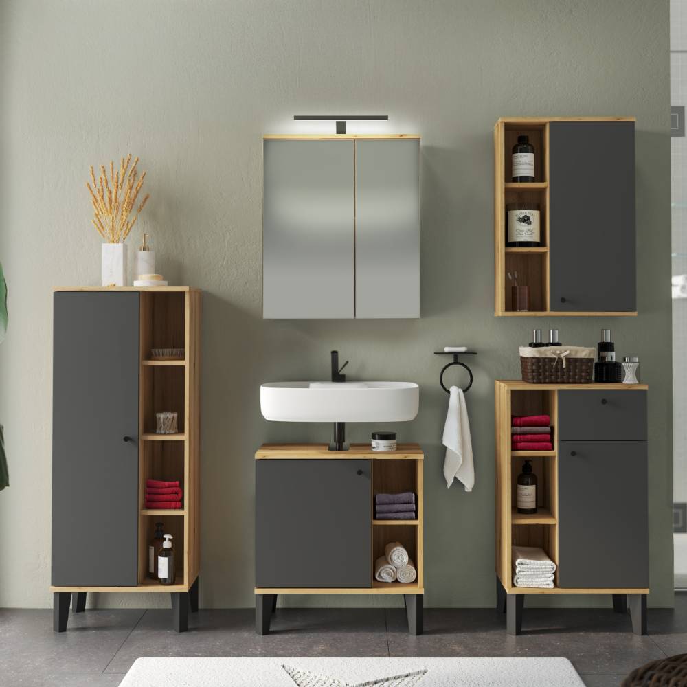 Modernes Badezimmermöbel Set Pattinos 33 cm tief mit LED Beleuchtung (fünfteilig)