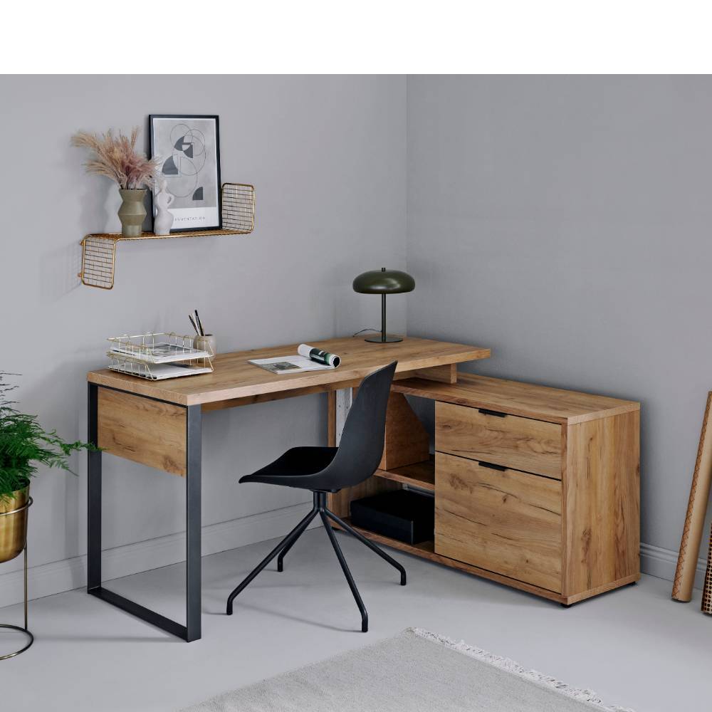 Büroschreibtisch Venbuca mit Seitenregalen in Kerneichefarben