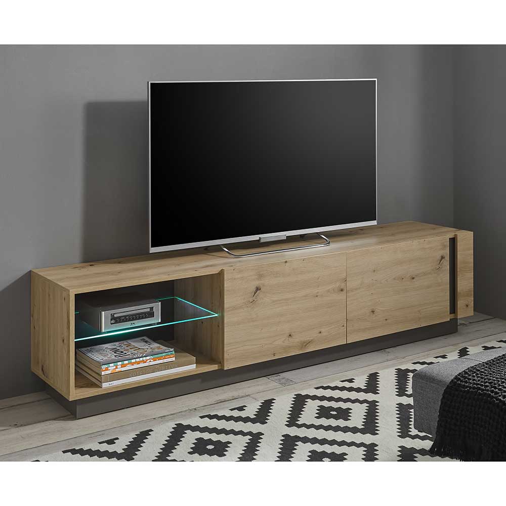 Breites TV Lowboard Matrezina in Wildeichefarben und Dunkelgrau