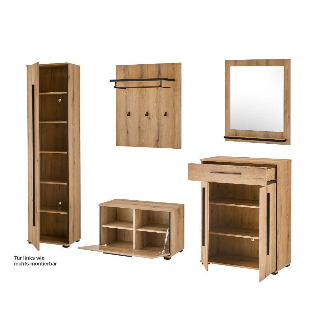 Garderobe Nemphia in Eichefarben inklusive Sitzpolster Auflage (fünfteilig)