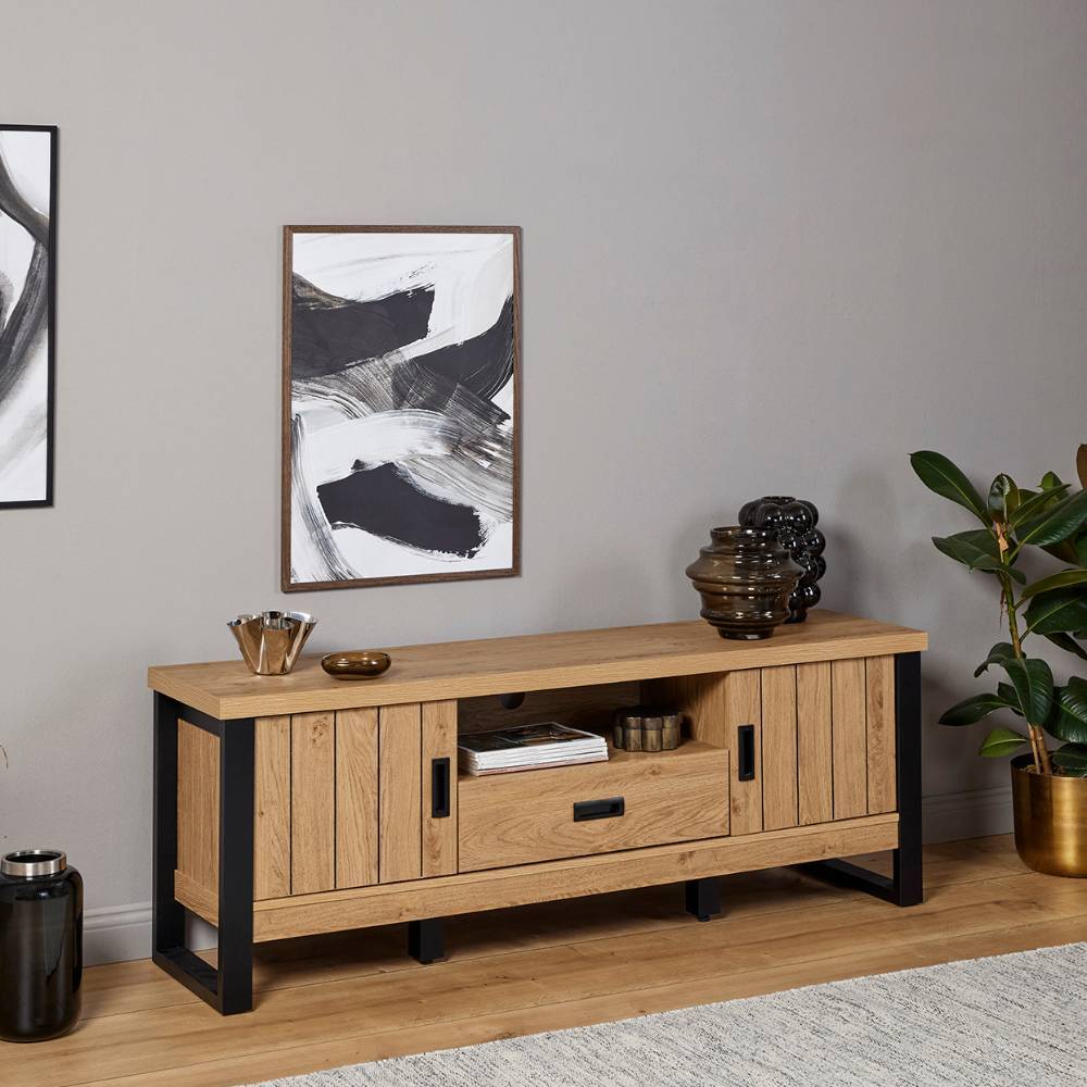 TV Lowboard Precio in Holzoptik foliert mit einem offenen Gerätefach