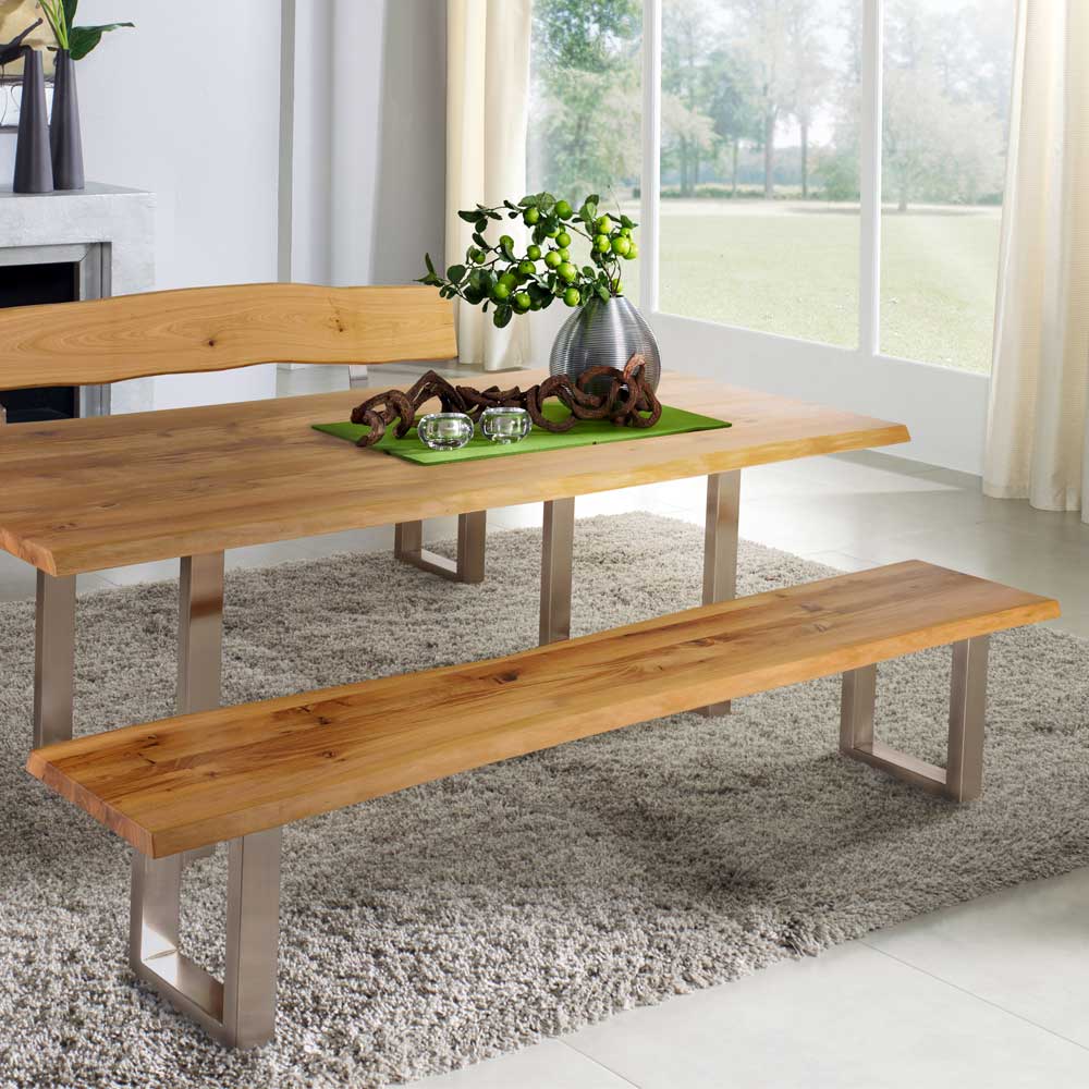 Essbank Varaldo aus Wildeiche Massivholz mit Baumkante ohne Lehne