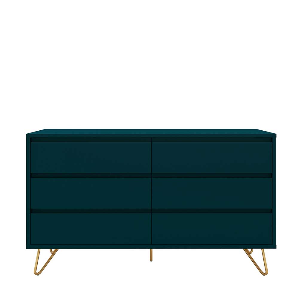Design Kommode Tomi in Dunkelblau und Goldfarben mit Vierfußgestell aus Metall