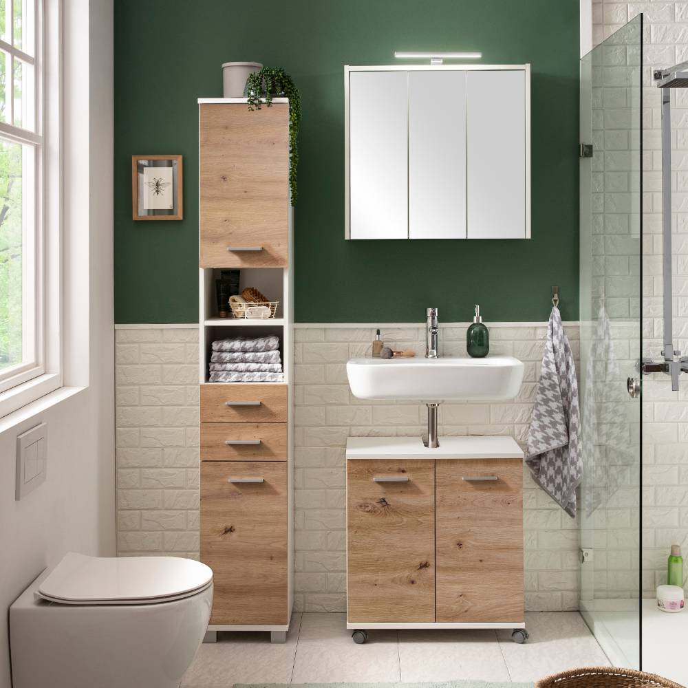 Badezimmer Hochschrank Cisanda in Wildeichefarben und Weiß matt