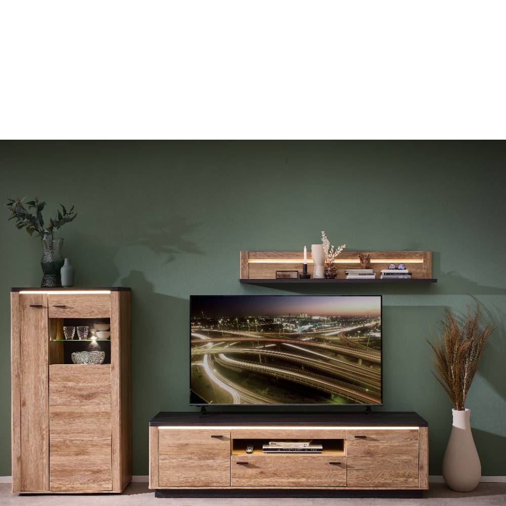 TV Wohnwand Helias mit LED Beleuchtung - Holzoptik foliert (dreiteilig)