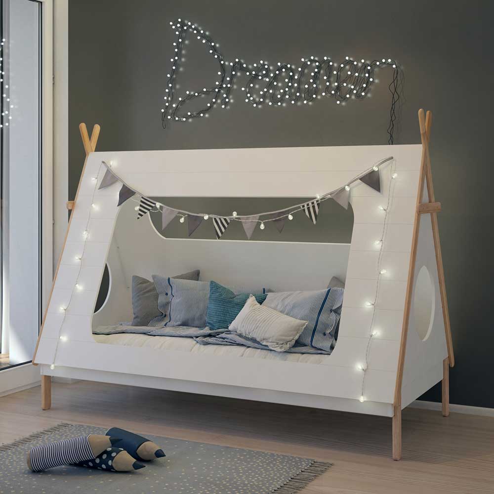 Zelt Kinderbett Gina in Weiß und Kieferfarben 165 cm hoch