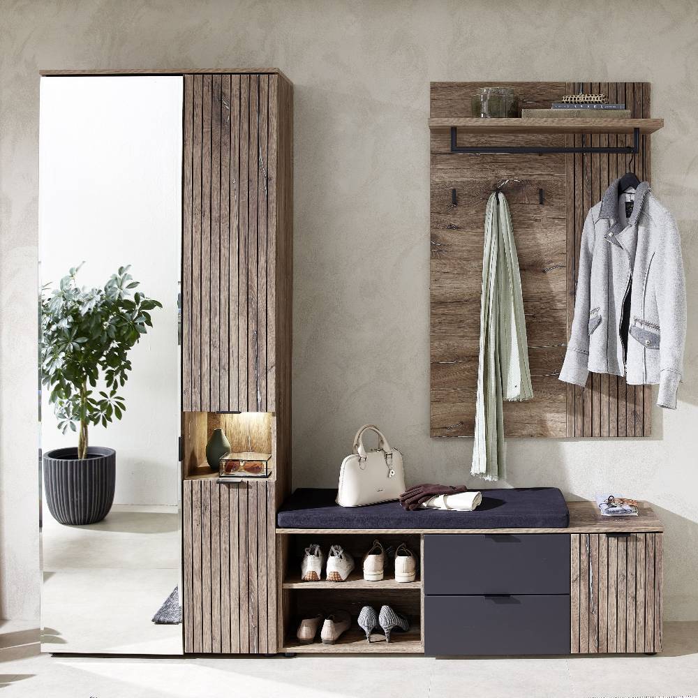 Komplett Garderobe Clusego mit LED Beleuchtung inklusive Sitzpolster (dreiteilig)