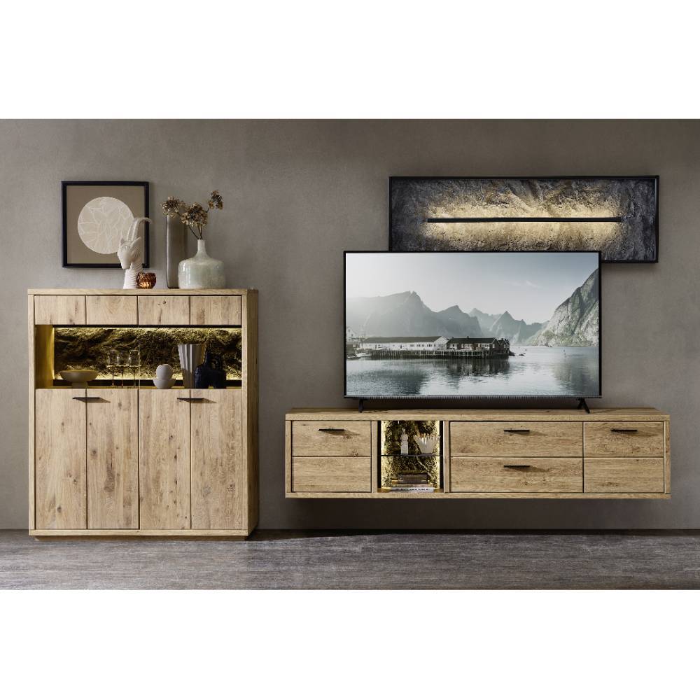 Wohnwand Holz Ostoro in Wildeiche Bianco und modernem Design (dreiteilig)