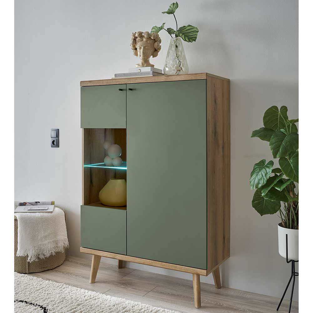 Esszimmer Highboard Lora in Graugrün und Wildeichefarben