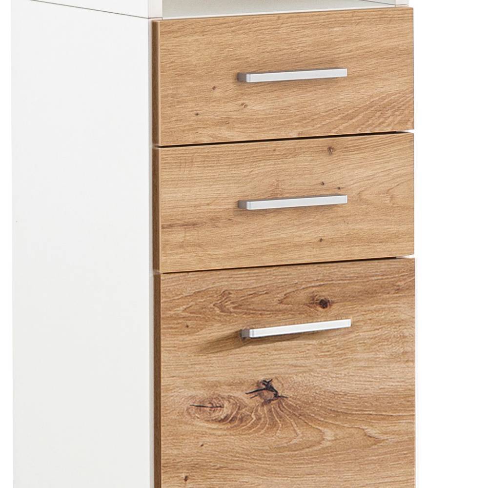 Badezimmer Hochschrank Cisanda in Wildeichefarben und Weiß matt