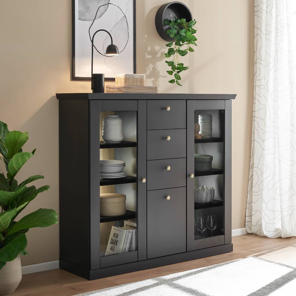 Highboard Enjta im Landhausstil in Schwarz matt