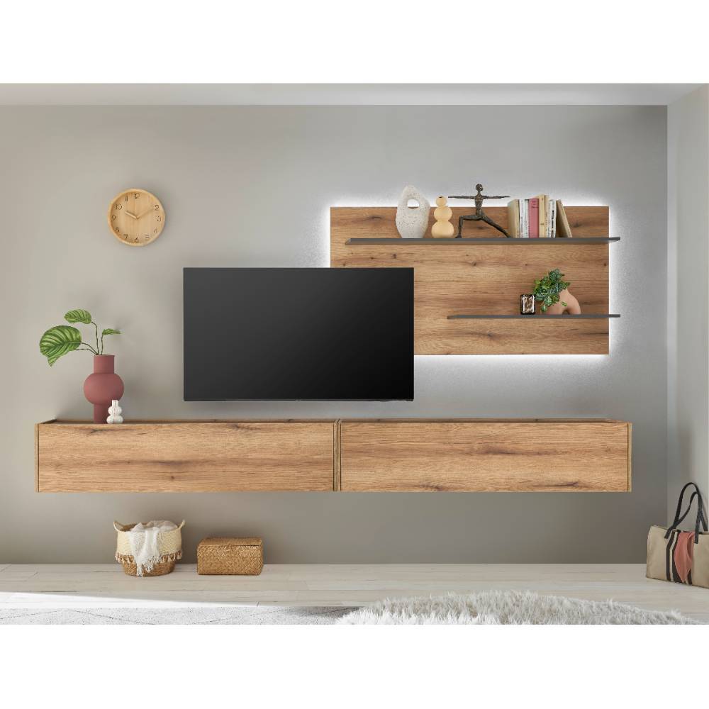 Wohnzimmerwand Castilla für die Wandmontage in Wildeichefarben (dreiteilig)