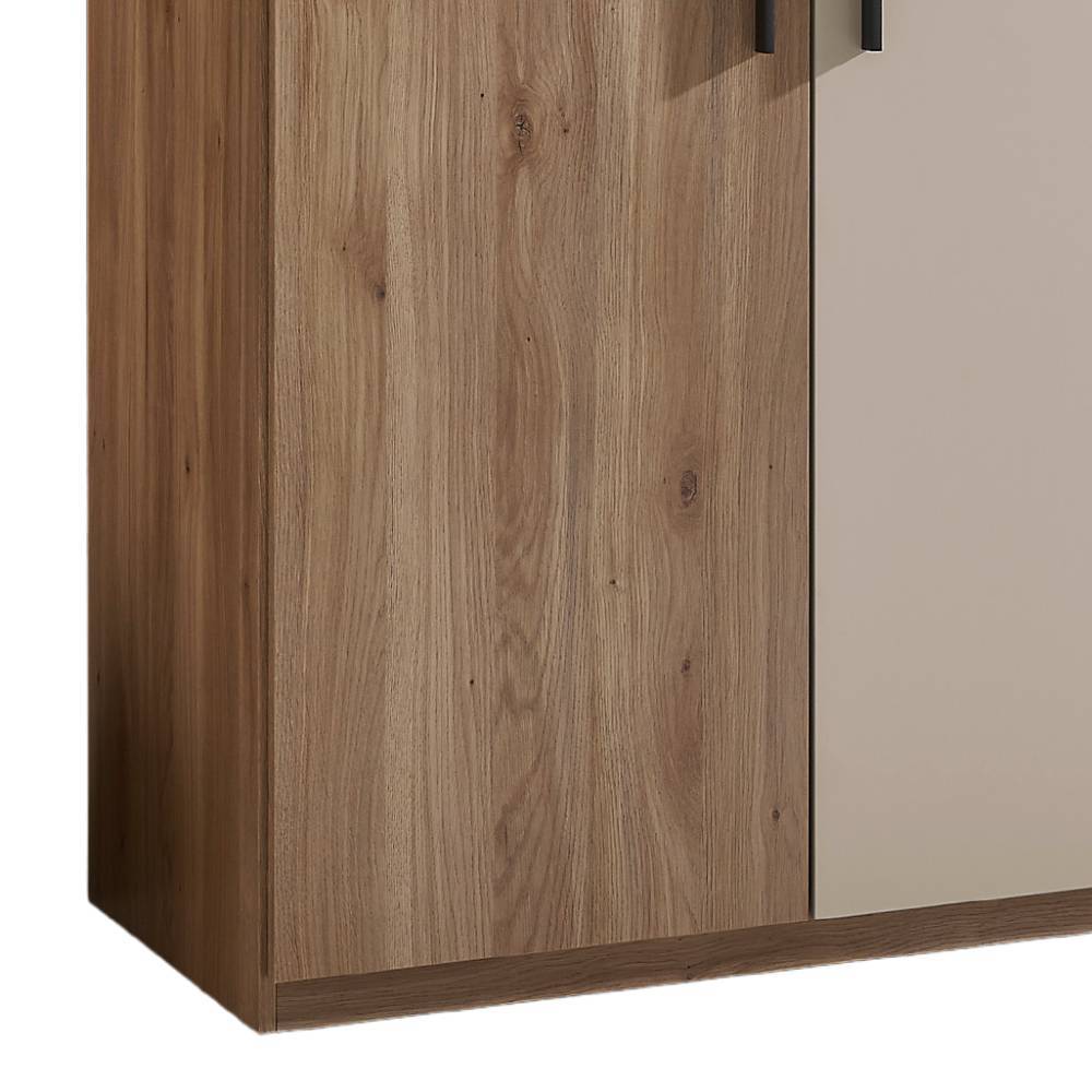 Drehtürenschrank Mero in Hellgrau und Holzoptik foliert