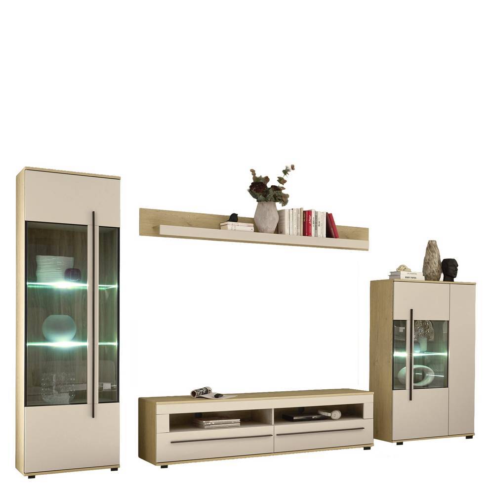 Wohnzimmerwand Helina in Beigegrau und Wildeiche Bianco (vierteilig)