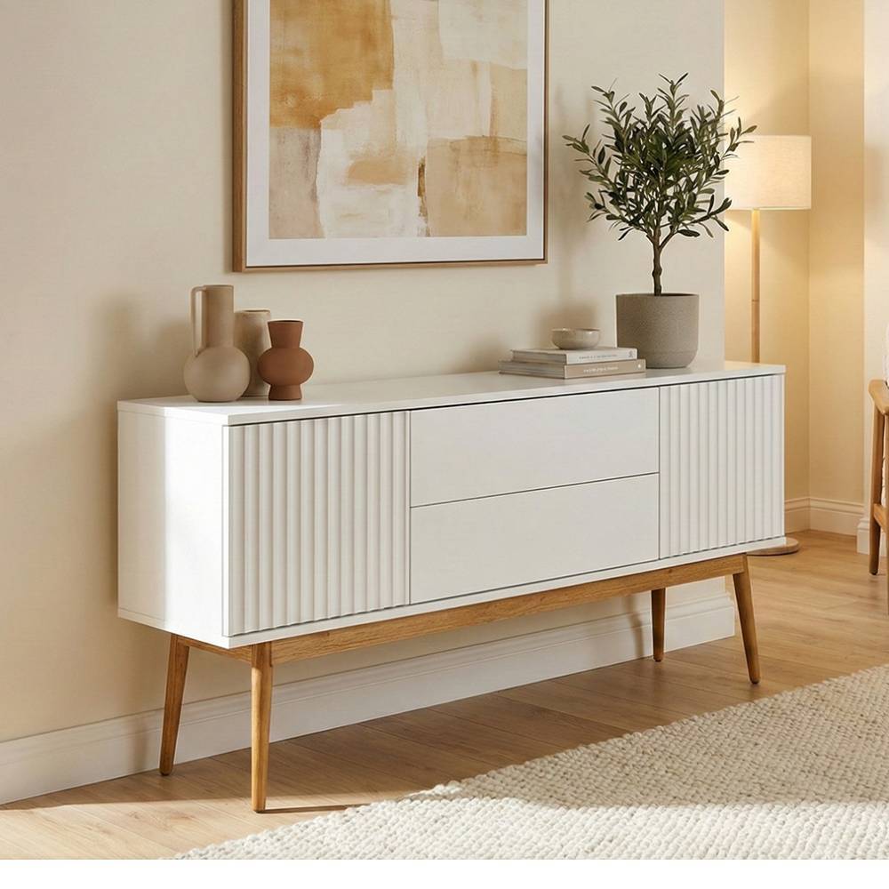 Esszimmersideboard Atela in Weiß & Holz Naturfarben im Skandi Design