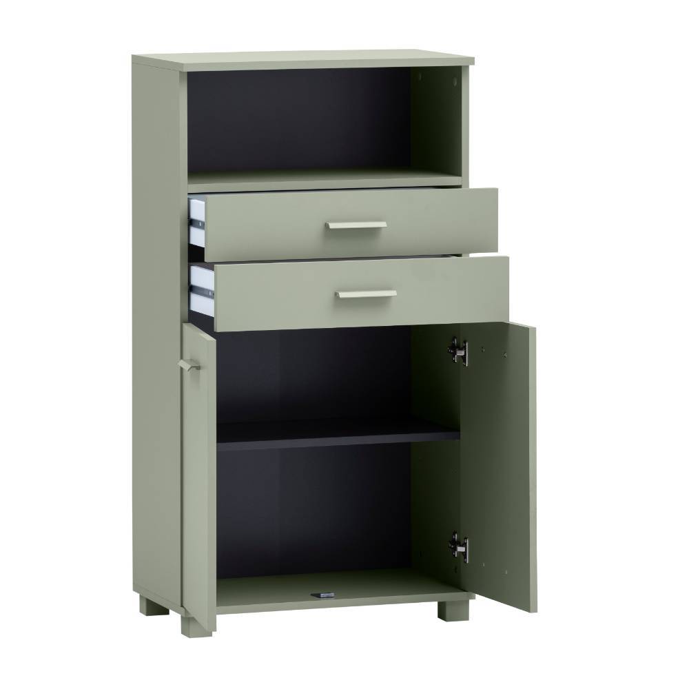 Hochschrank Jump mit einem offenen Fach und Metallgriffen