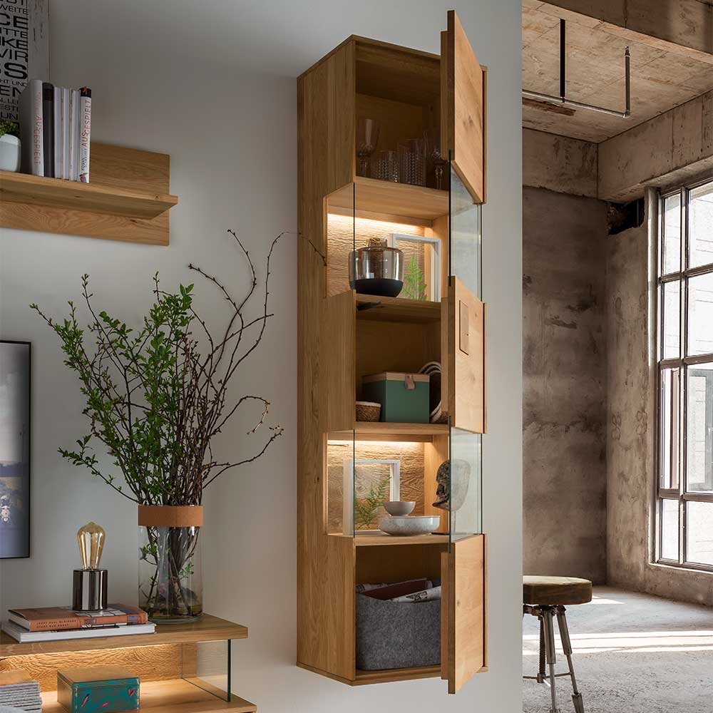 Wand Vitrine Onitos aus Wildeiche Massivholz 169 cm hoch
