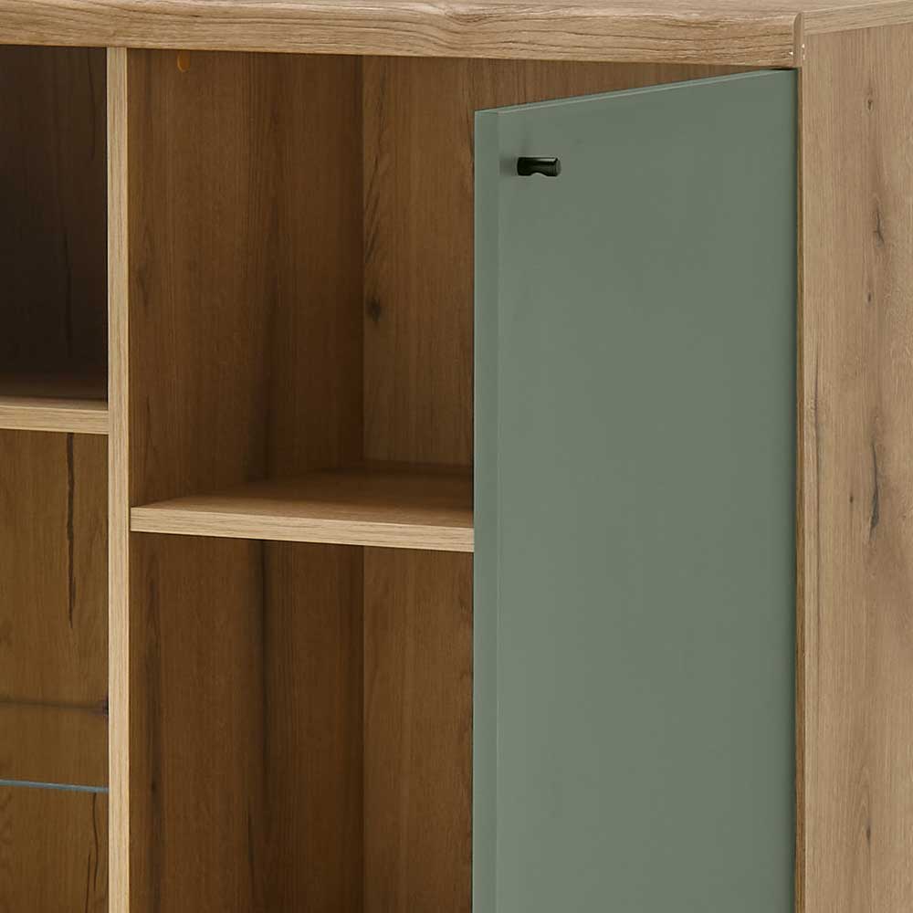 Esszimmer Highboard Lora in Graugrün und Wildeichefarben