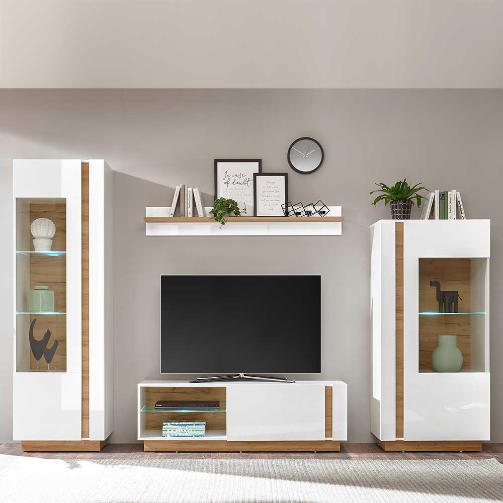 TV Wohnwand Franvos im Skandi Design in Weiß und Wildeiche Optik (vierteilig)