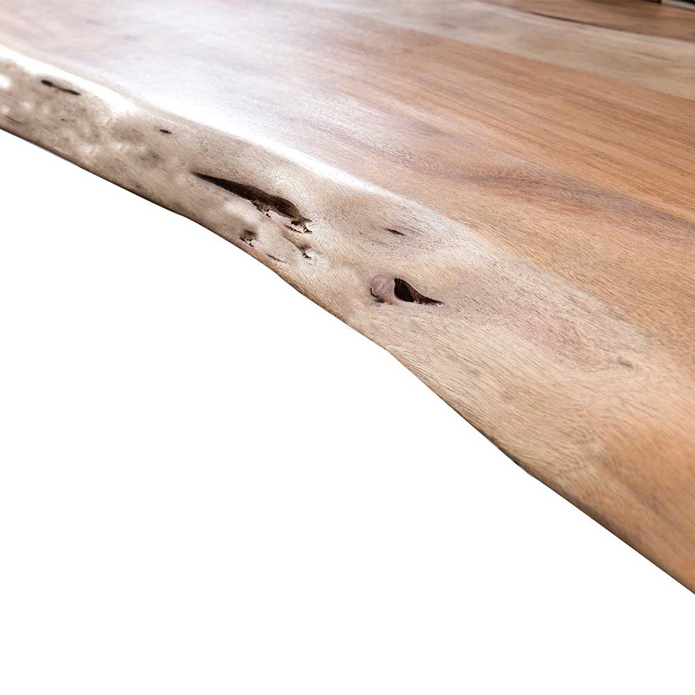 Baumkanten Tisch Arlette aus Akazie Massivholz und Stahl mit Antik Finish