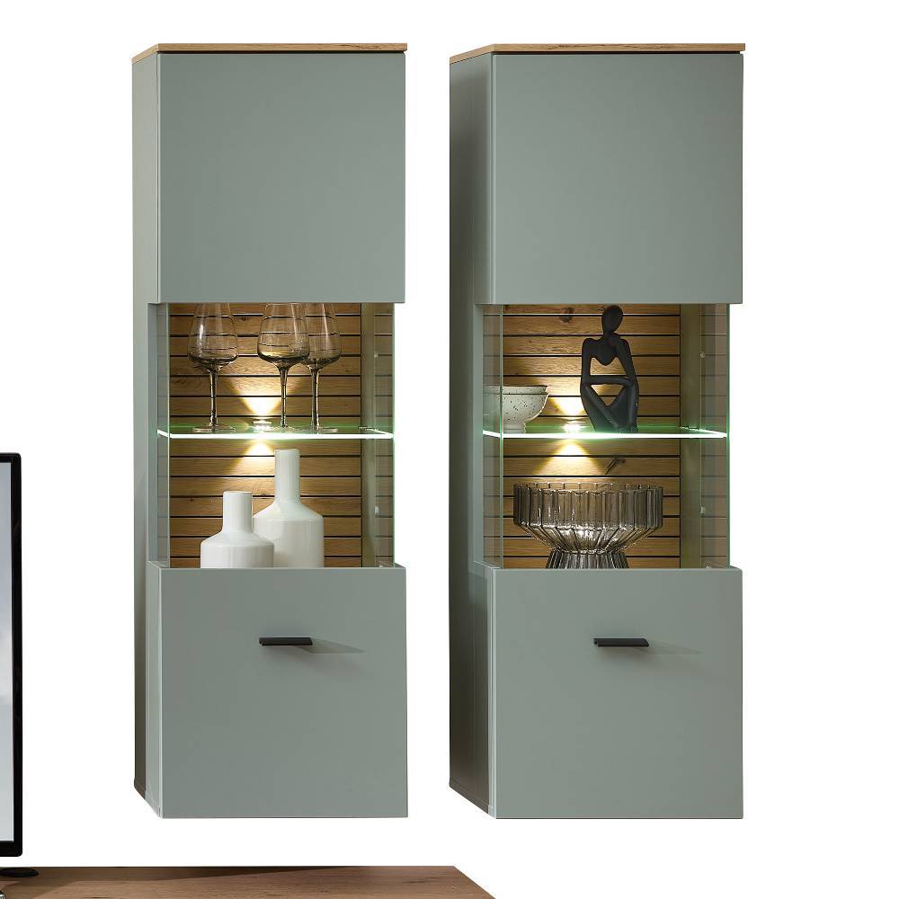 Wohnzimmer Anbauwand Ilitalcon in Graugrün mit LED Beleuchtung (sechsteilig)