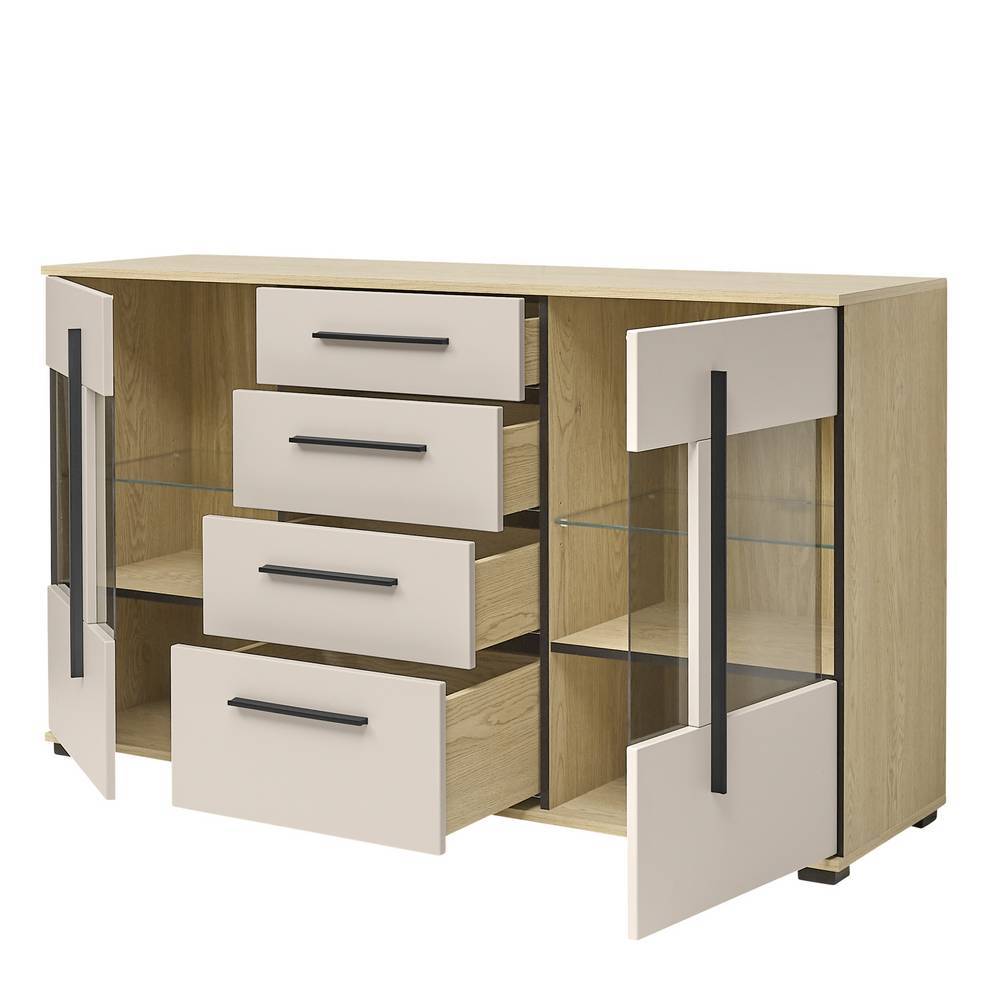 Wohnzimmer Kommode Helina mit Glastüren und vier Schubladen