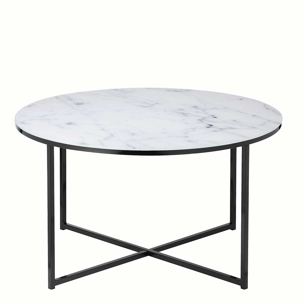 Runder Sofa Tisch Nexter in Weiß marmoriert und Schwarz mit Glasplatte