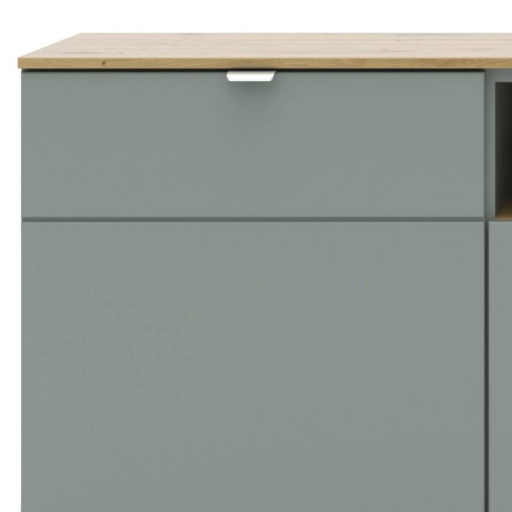 TV Lowboard Sua in Graugrün mit einem offenen Gerätefach