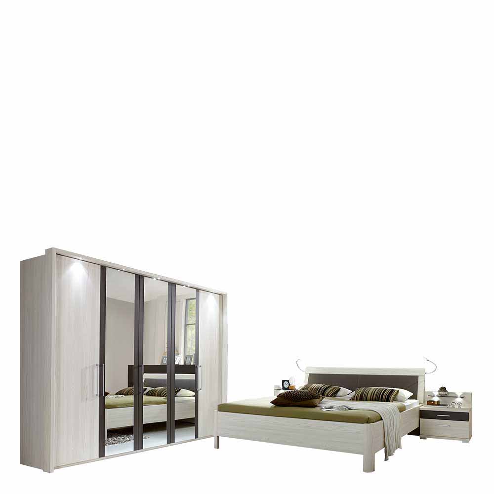 Schlafzimmer Komplettset Panura in Lärche Weiß Braun mit Doppelbett (vierteilig)