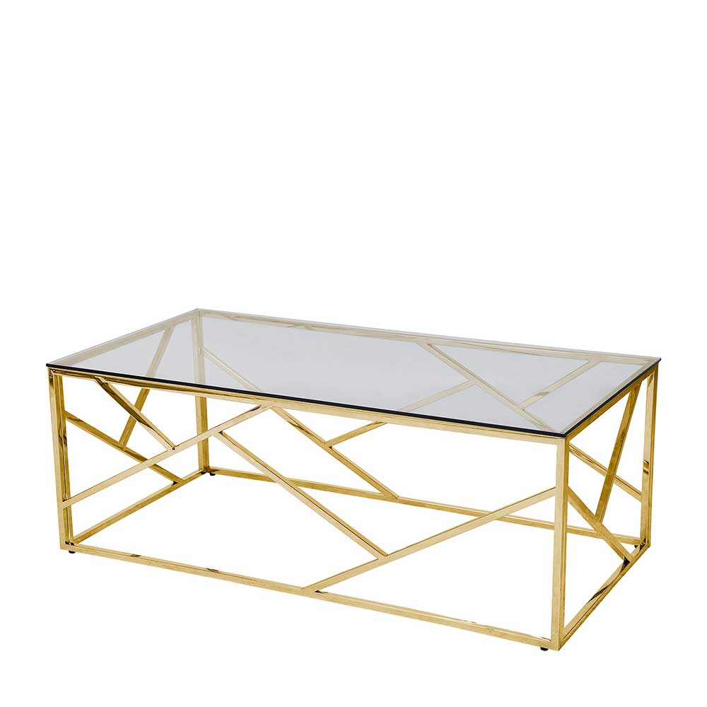 Design Wohnzimmer Tisch Limburg in Goldfarben mit grauer Glasplatte