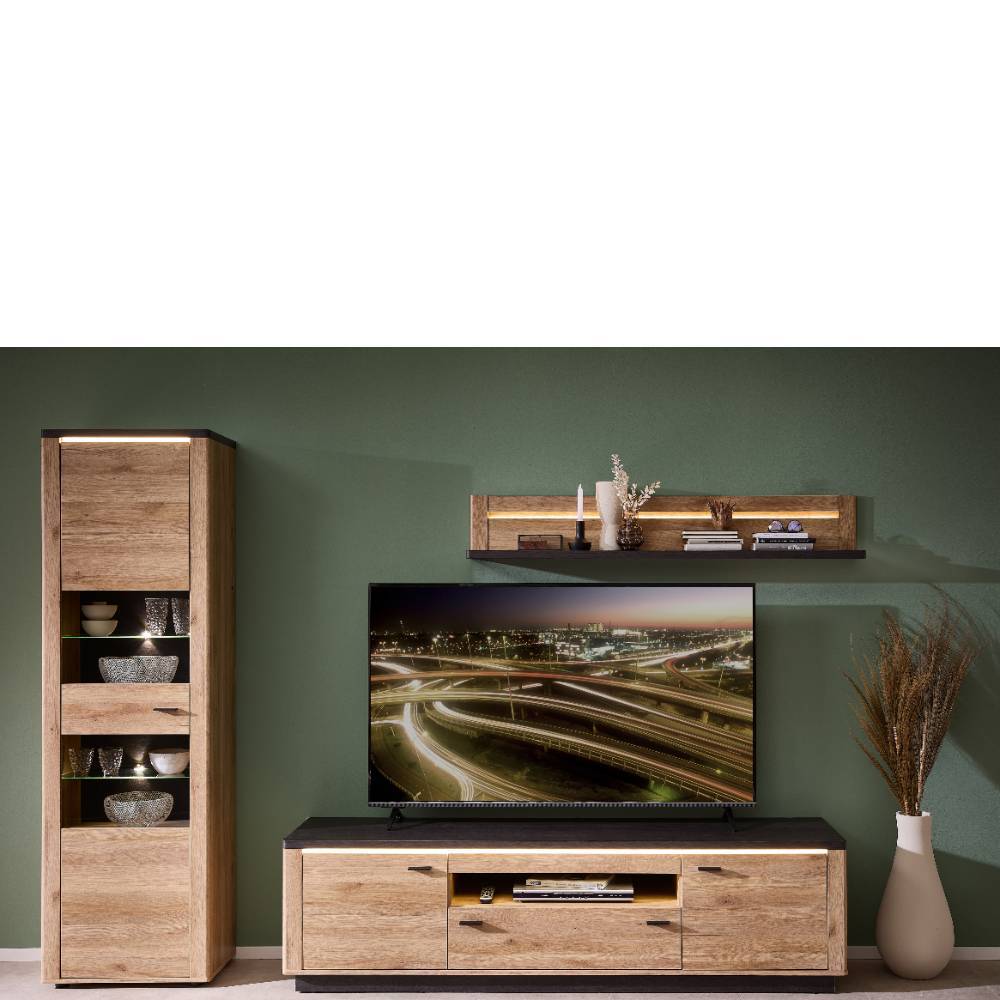 Wohnwand Helias mit LED Beleuchtung in Eichefarben (dreiteilig)