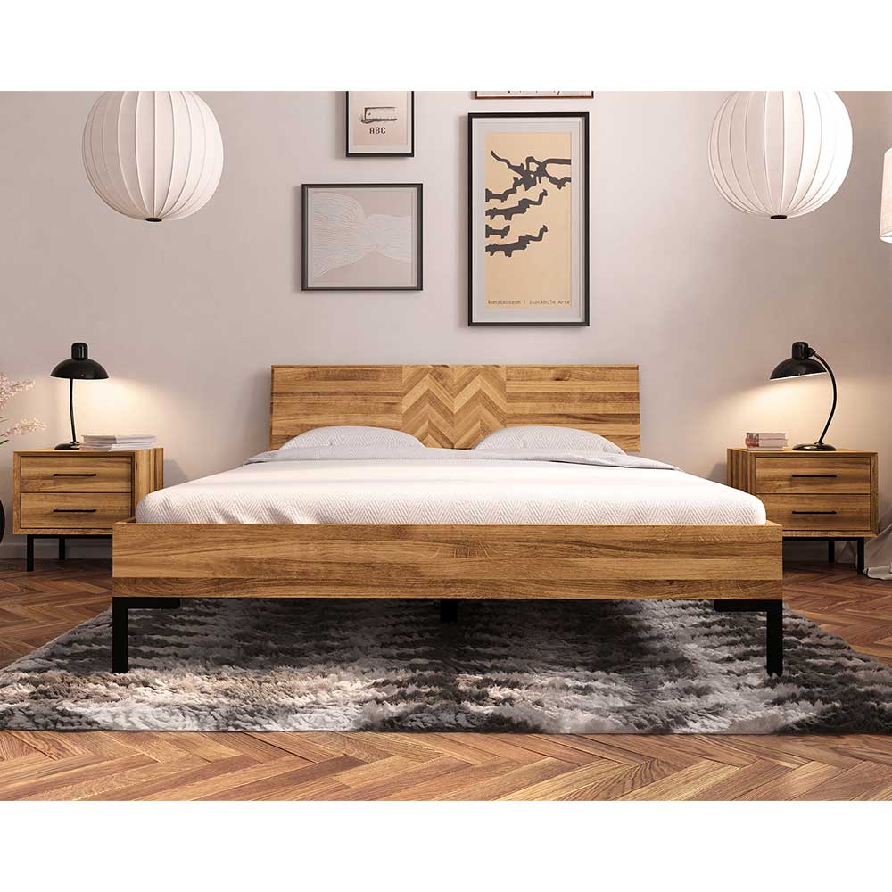 Wildeiche Holzbett Yalley im Skandi Design mit Gestell aus Metall