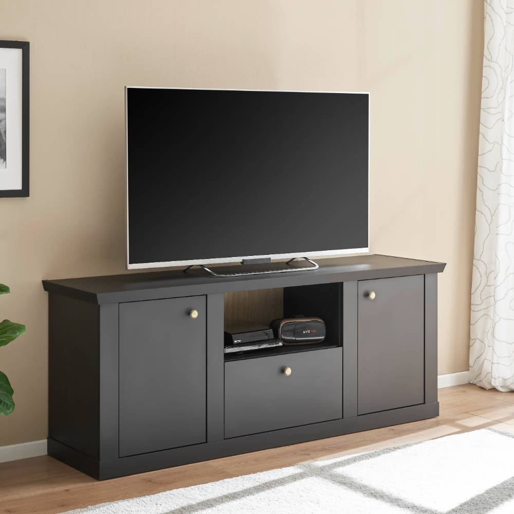 TV Lowboard Enjta mit einem offenen Gerätefach und Türen