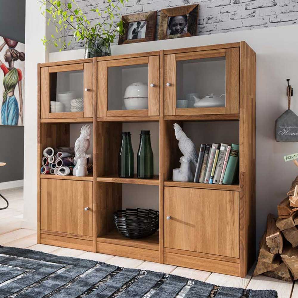 Holzregal Dascalo aus Wildeiche Massivholz mit Glastüren