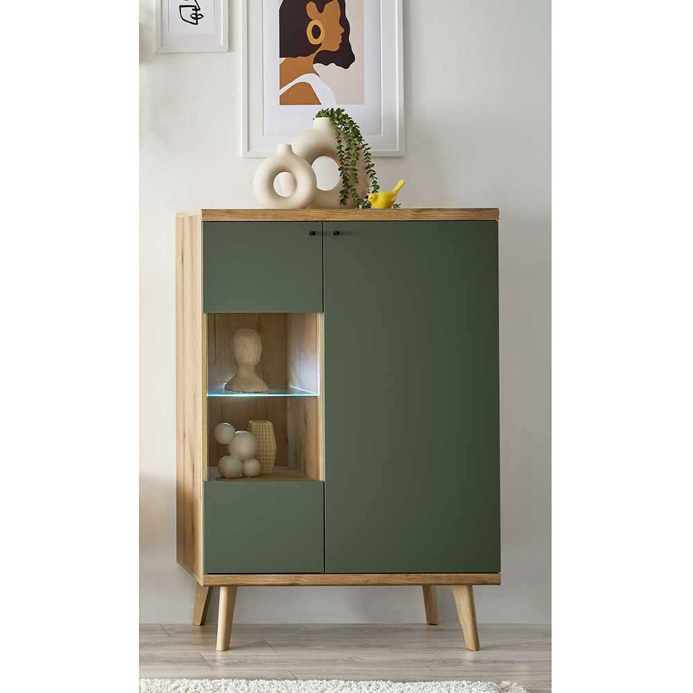 Esszimmer Highboard Lora in Graugrün und Wildeichefarben