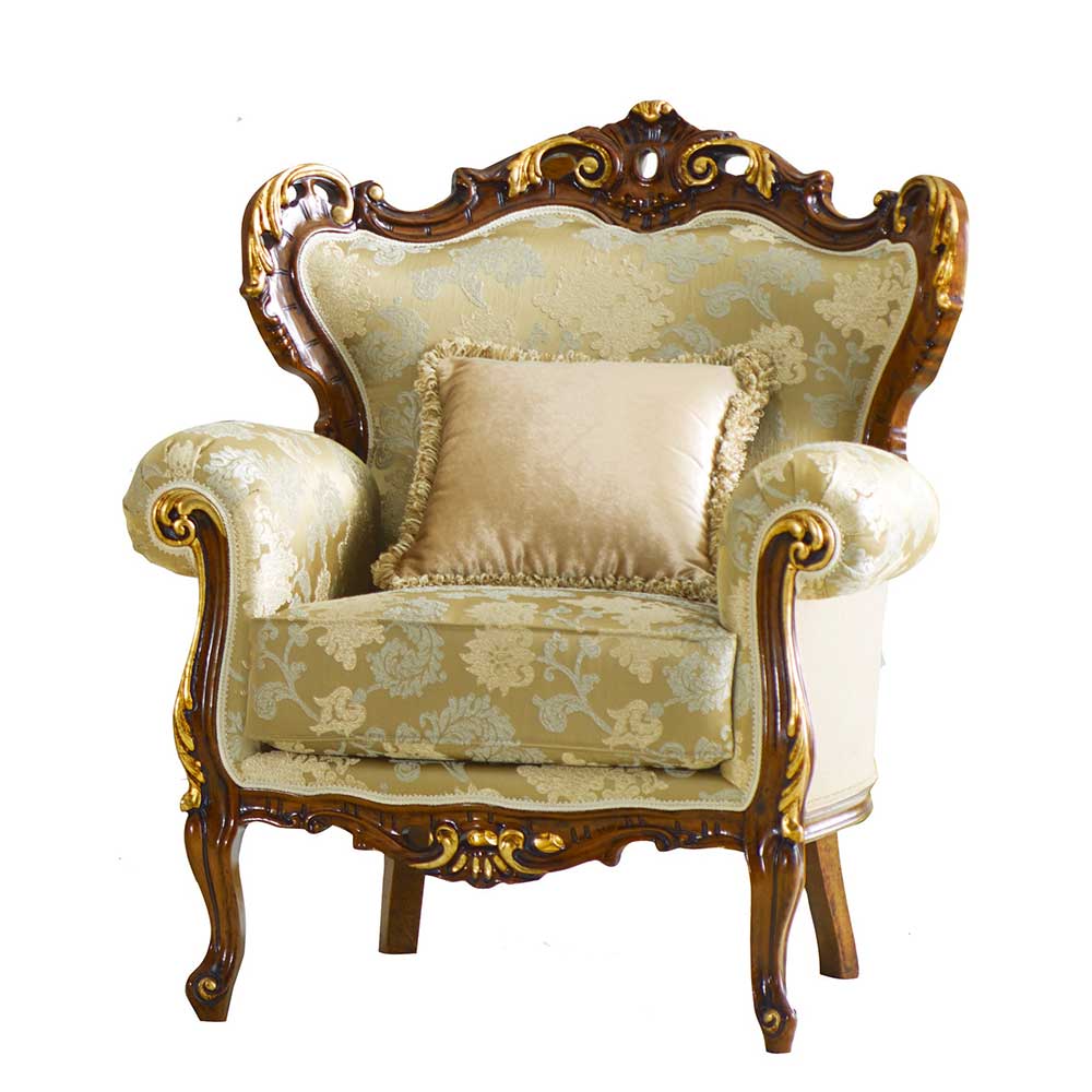 Barockstil Sessel Larcella in Beige - Goldfarben mit Vierfußgestell aus Holz