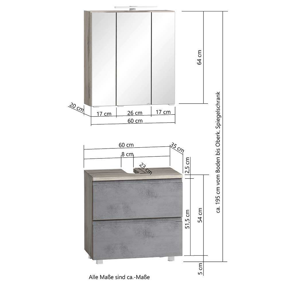 Moderne Badezimmermöbel Tagma in Beton Grau und Wildeichefarben (dreiteilig)