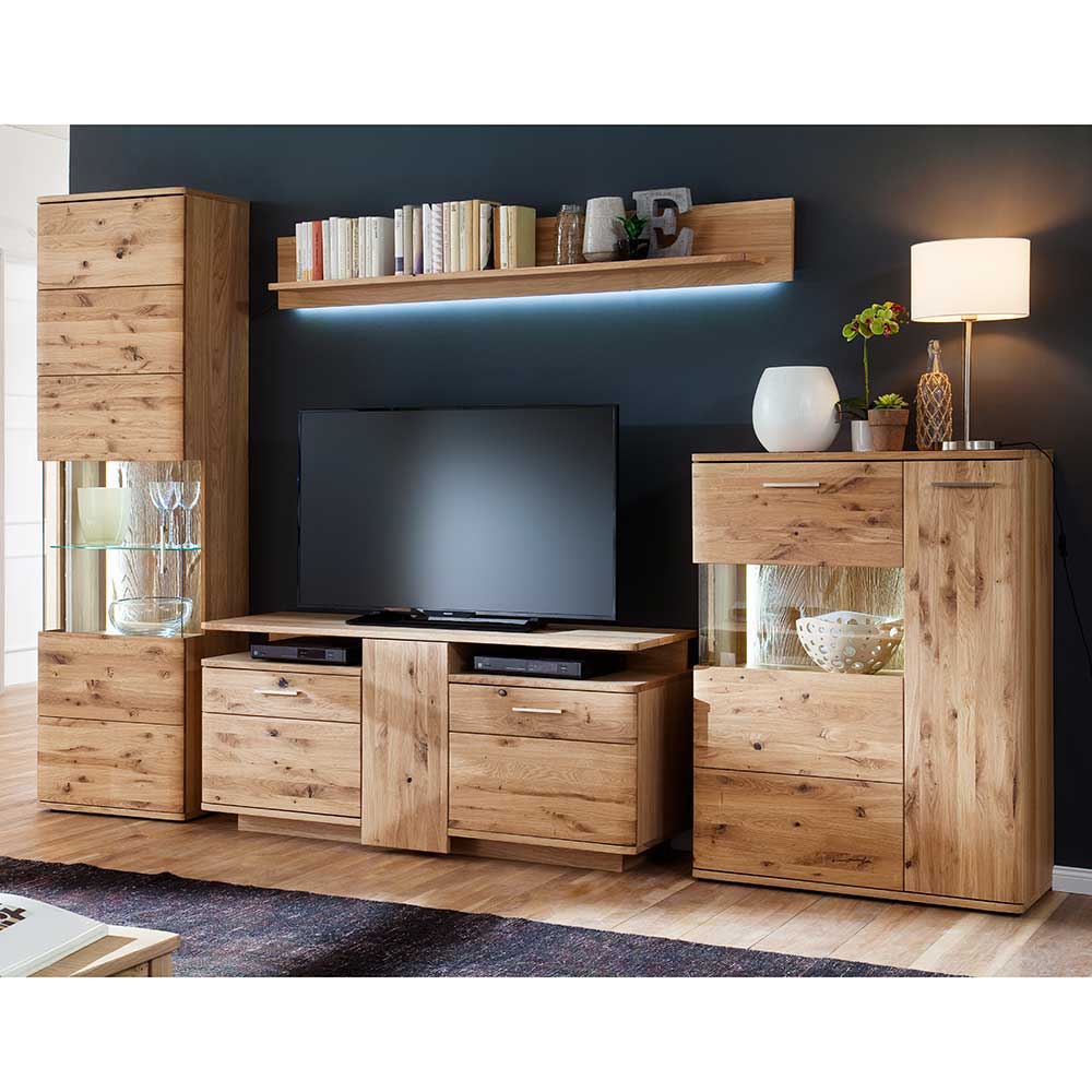 Wohnzimmerwohnwand Lamanda aus Eiche Bianco geölt 320 cm breit (vierteilig)